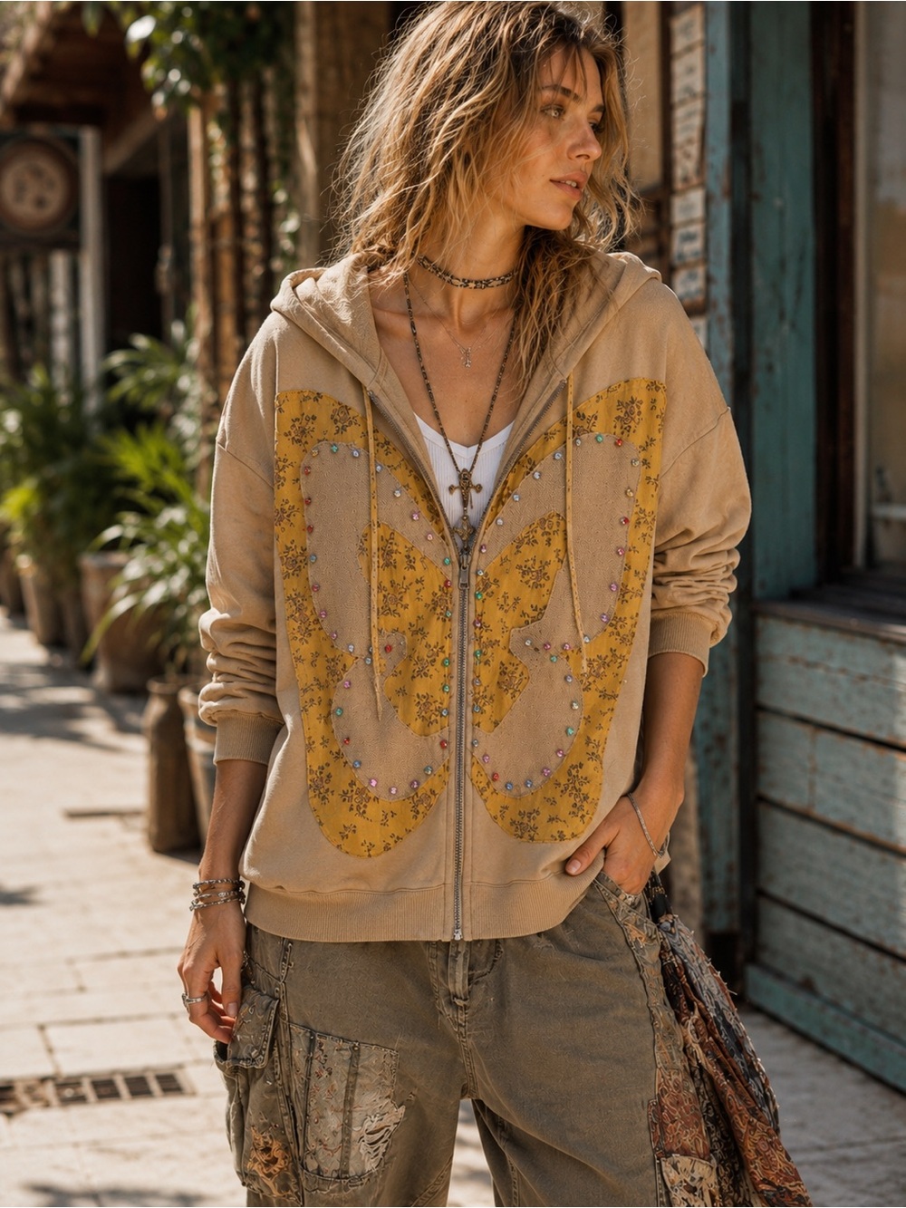 211🌟 POL Butterfly Rhinestone Zip Hoodie Boho Oversized Beige